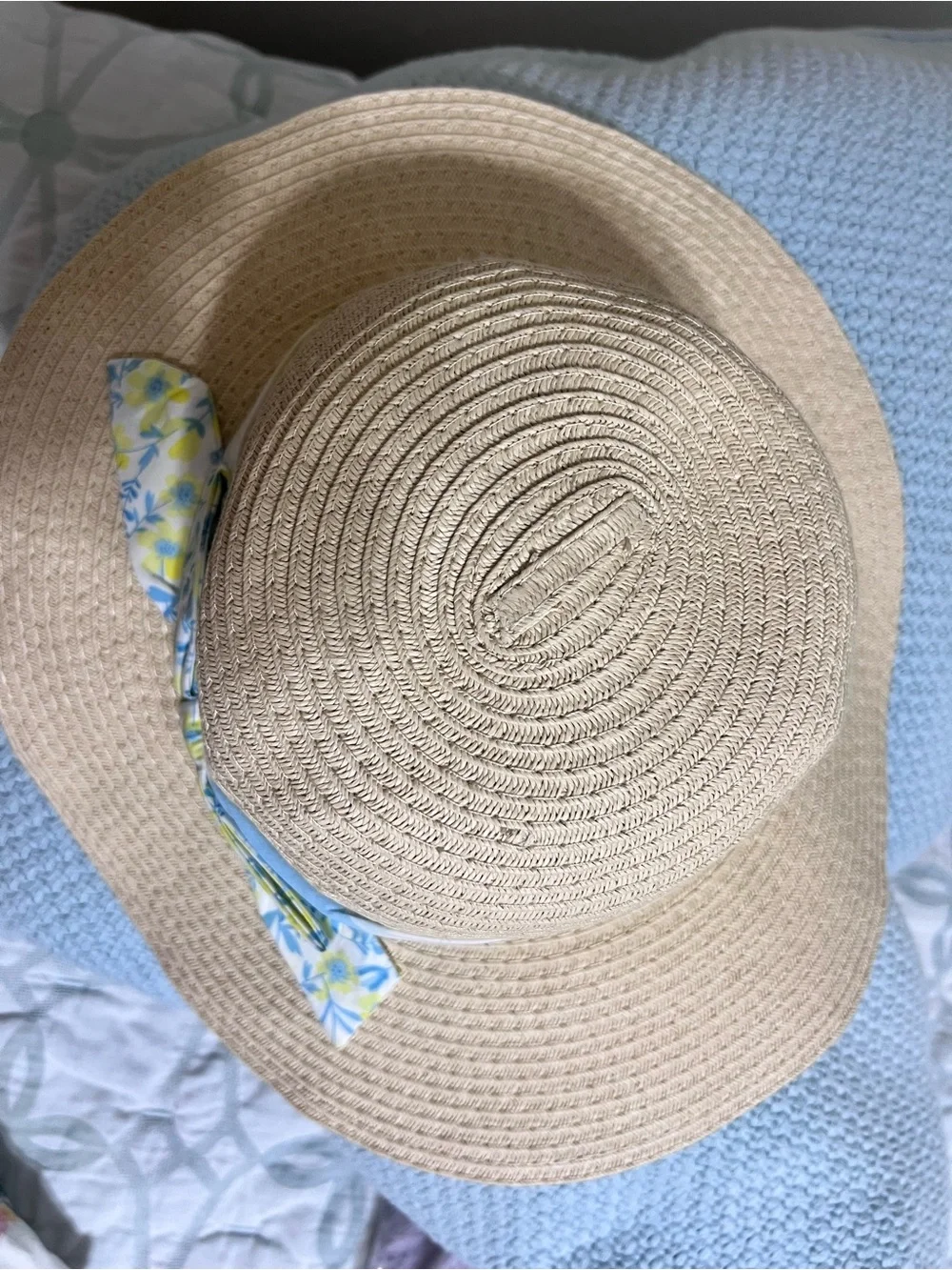 Beige Kids Straw Sun Hat with Pastel Blue & Yellow Floral Bow EUC Youth Girl